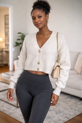 Loft Women's Beige Cropped Long Sleeve Sweater Cardigan ~ Small