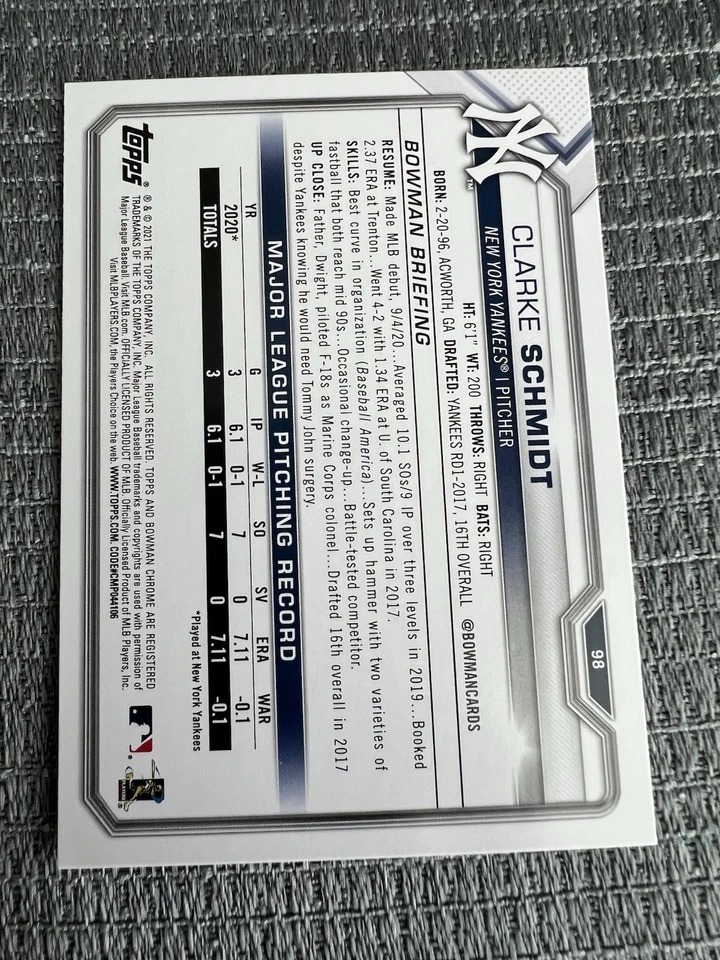 2021 Bowman - Clarke Schmidt #98 (RC) - Image 2 of 2