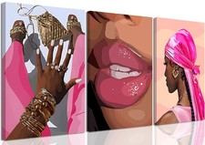 Black Girl Canvas Wall Art Set of 3 Pink African Black Woman Wall Decor Fashi...
