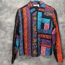 Chicos Patchwork Embroidered Button Jacket Womens 1 Satin Burnout Funky Boho