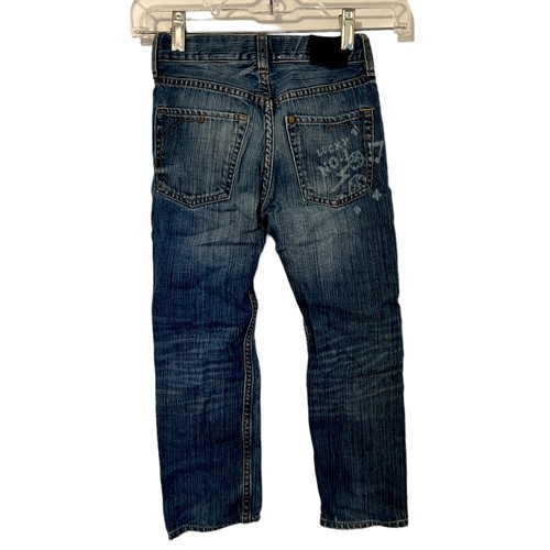 Kids & Narrow Slim Leg Med Wash Jean Distressed Size 5-6Y Graffiti Front & Back - Picture 3 of 4