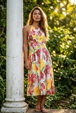 LOFT Ivory Floral Fit & Flare Halter Sleeveless Midi Dress Petites 10P