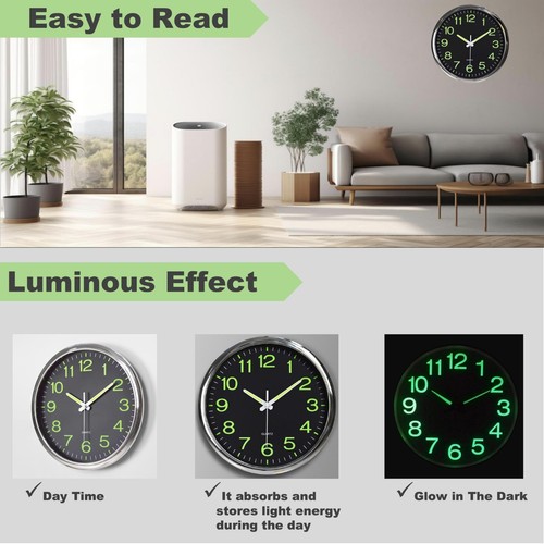 12" Night Light Wall Clock Silent Non-Ticking Quartz Clock Luminous Numbers - Picture 4 of 12