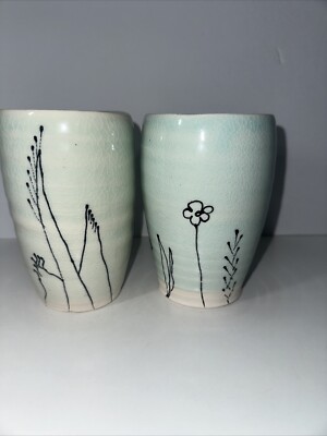 2 Tumbler Cup Vase Mint Green Glossy Crackle Glaze Studio Art Pottery Signed KK