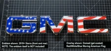 Fits 2007+ GMC Sierra *ONLY* 3M Gel-coated (DOMED) flag design overlay RWBwaving