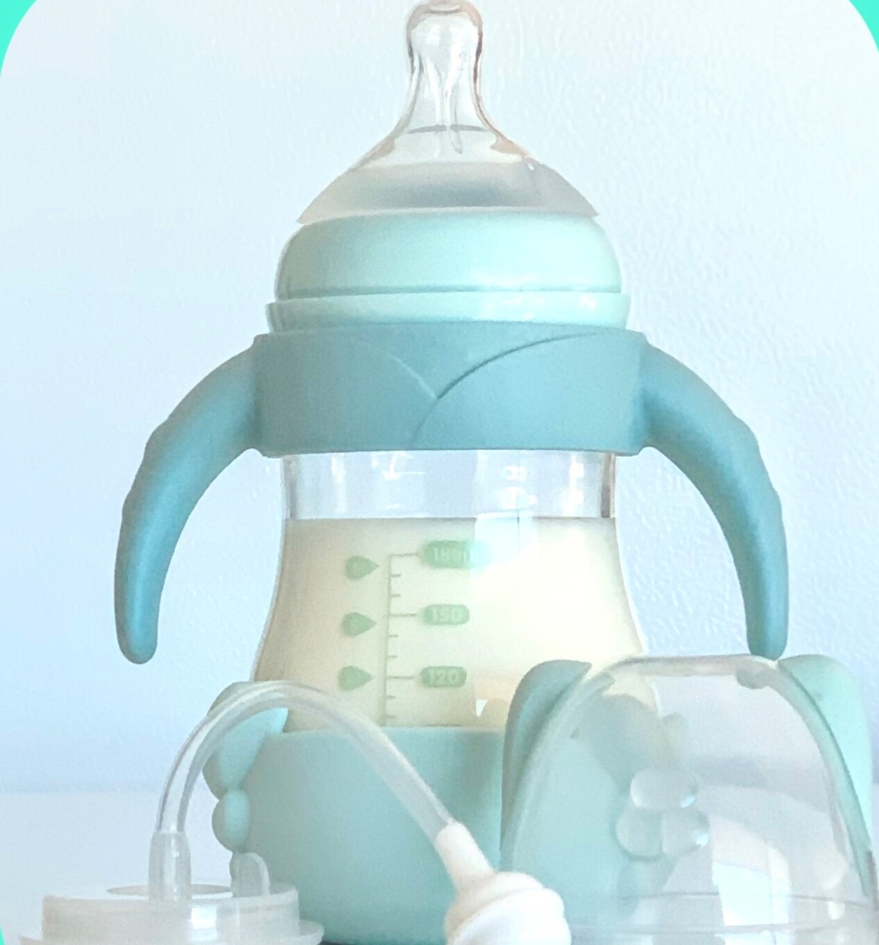 Glass baby bottle set (silicone sleeve, straw, slow + vari teat flow)