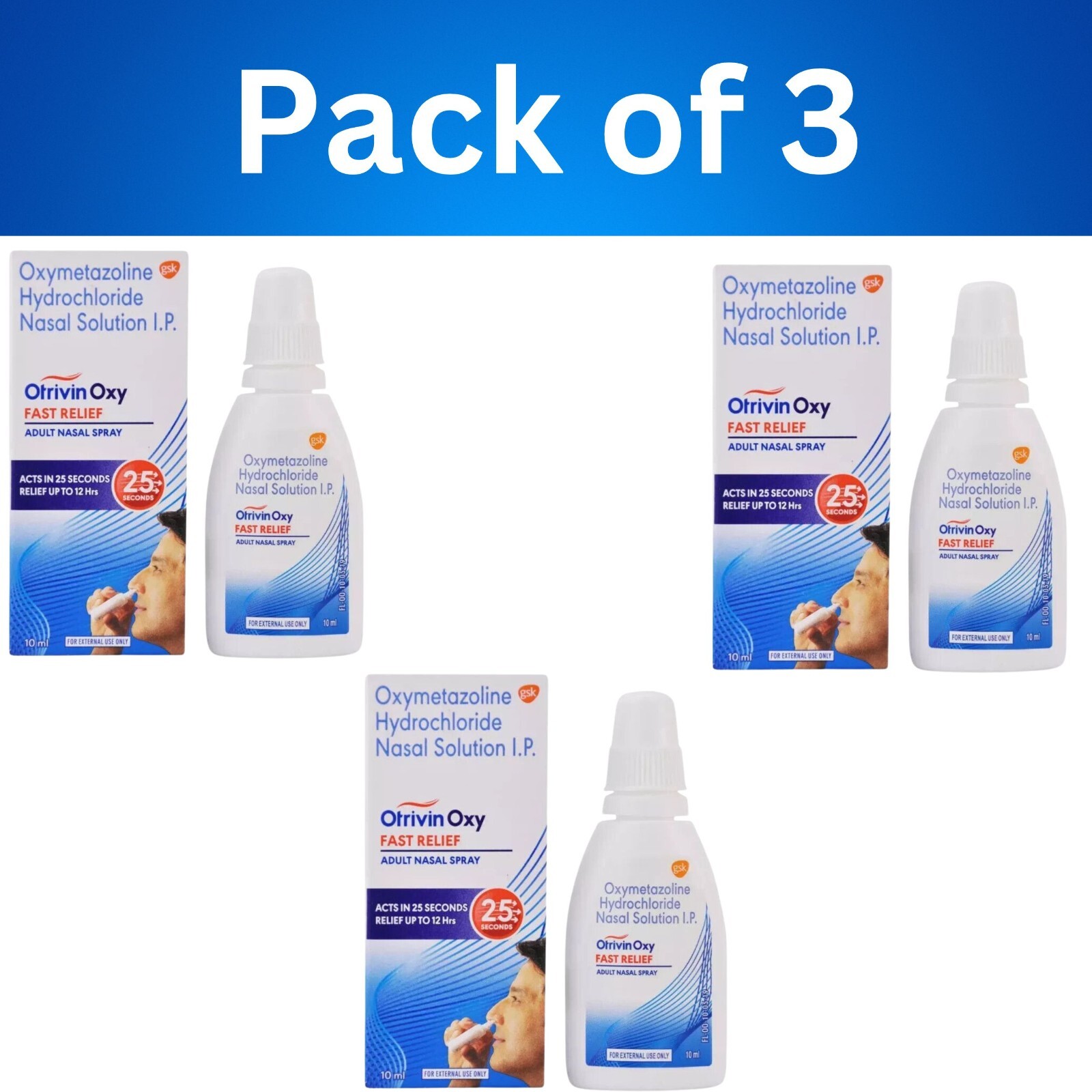 Otrivin Oxy Fast Relief Adult Nasal Spray For Blocked Nose 10ml ( Pack of 3 )