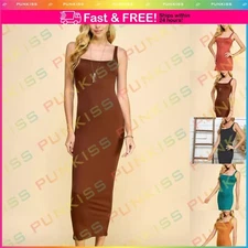 Womens Solid Sleeveless Square Neck Sleek Stretchy Fit Tank Bodycon Maxi Dress