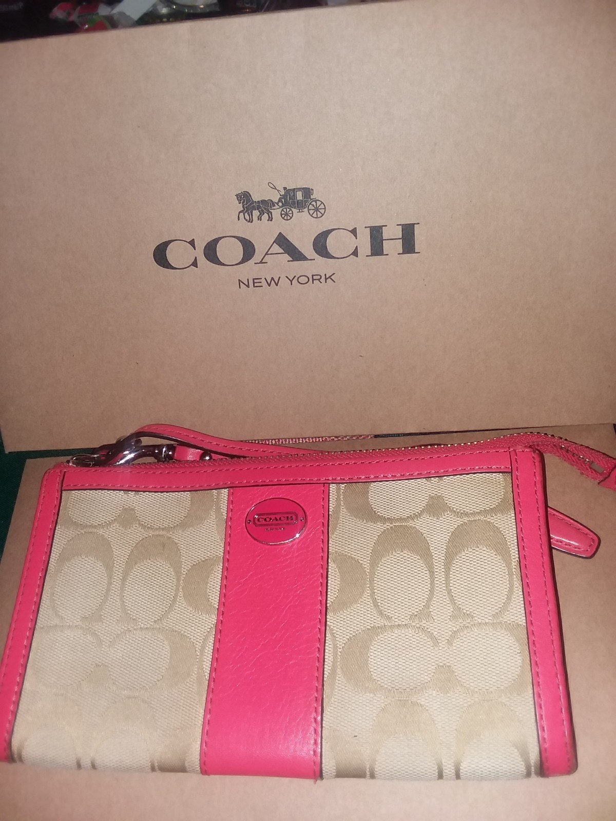 COACH Light Khaki Legacy Orange Coral Striped Signatu… Gem