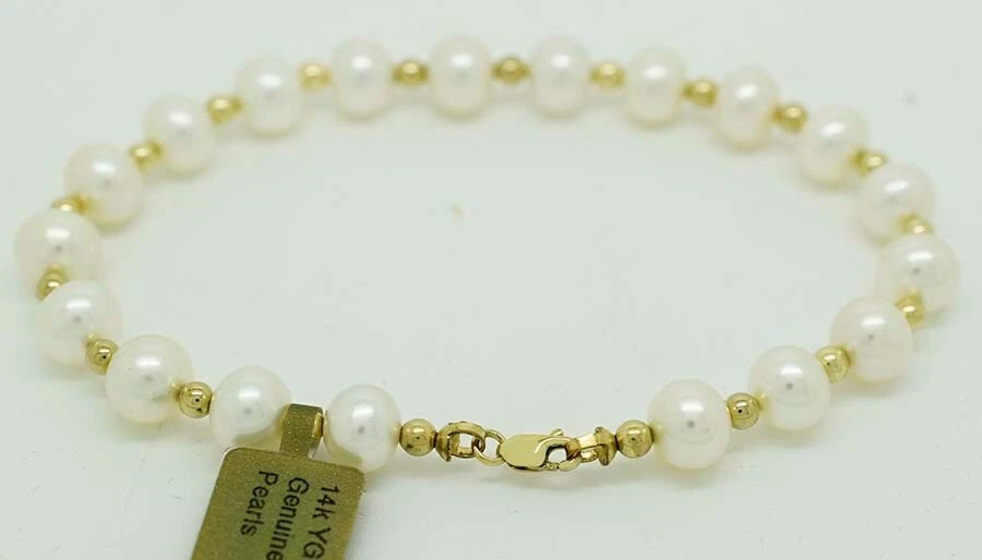 PULSEIRAS DE PÉROLAS BRANCAS GENUÍNAS 7 mm ouro amarelo 14k * Novo com etiquetas * Fabricadas nos EUA * - Imagem 2 de 2