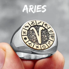 ARIES Constellation Astrology Ring, Stainless Steel, Silver gold, Size 7-13