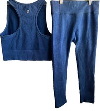 Sweaty Betty Organic Cropped Top Leggings Ribbed Seamless Set Stretch Blue Sz S