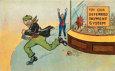 c1910 Postcard. Robber Steals Clock, Store Sign: Try our Deferred Payment System