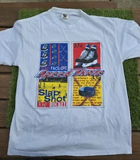 Vtg Power Pro By Oneita Single Stitch White T-shirt Ice Hockey Postal Stamps XL 