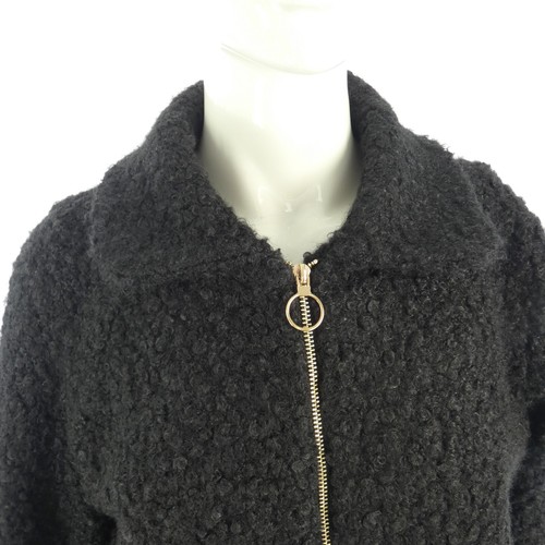 Teddy Bear Jacket Black Fuzzy Coat Vintage Love Front Zip Collared Y2K UK 10 S - Picture 7 of 9