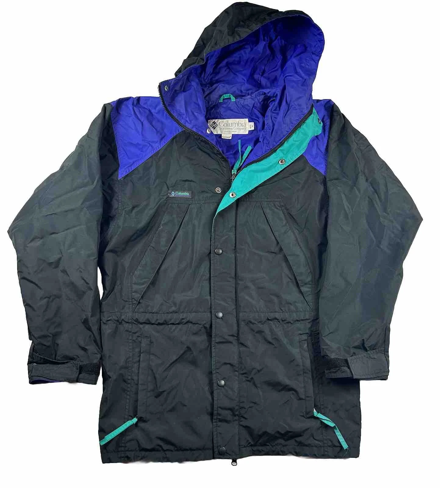 Columbia Mens M Windbreaker Jacket Zip Lined Black Hooded Radial Sleeve VTG 90s