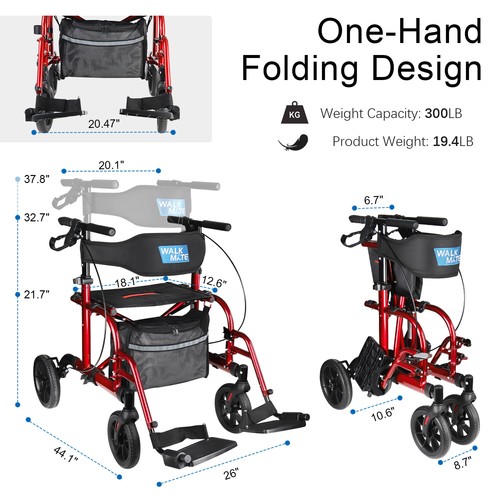 WALK MATE Ajustable 2 en 1 Andador Médico Andador Plegable Silla de Transporte Nuevo - Imagen 21 de 36