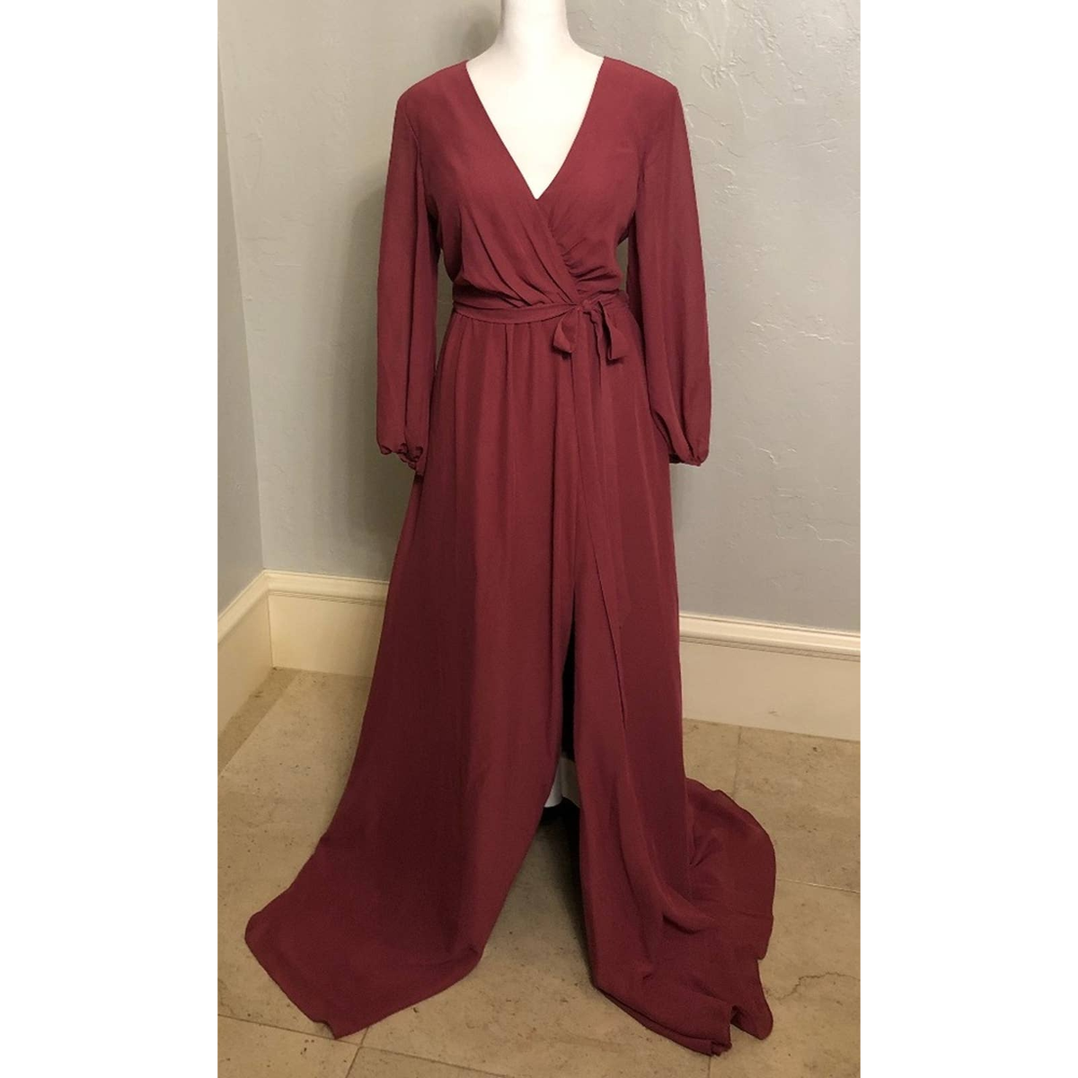 Burgundy Chiffon Long Sleeve Bridesmaid Wrap Dress