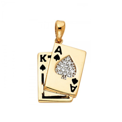 14K Solid Yellow Gold CZ Ace & King Of Spades Poker Cards Pendant Necklace Charm