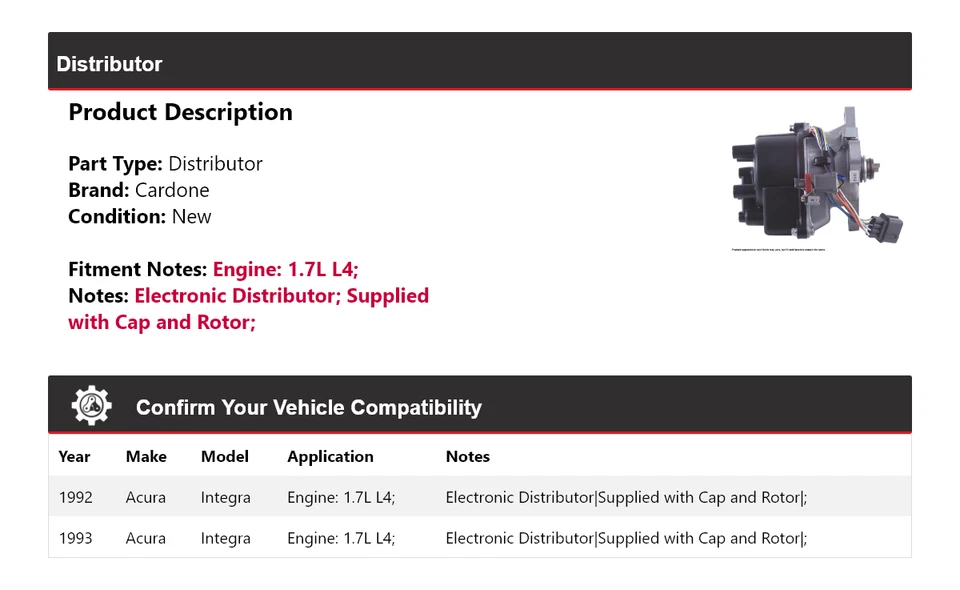 For 1992-1993 Acura Integra 1.7L L4 Distributor Cardone - Image 2 of 4
