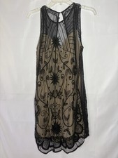 Abercrombie & Fitch Women’s sz Large Beige Black Mesh Floral Shift Dress Beaded