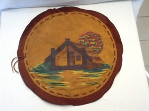 Vintage 1940s Maori Whare New Zealand Leather Cushion - RARE