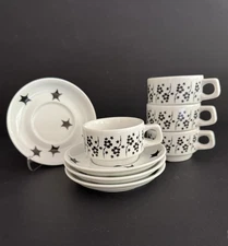 Set Of 4 notNeutral Espresso Cups & Saucers Black White Star Flower Floral