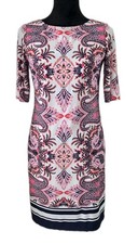 Eliza J Paisley Shift Dress Size 4 Lined Pink Navy Paisley Print Back Gold Zip