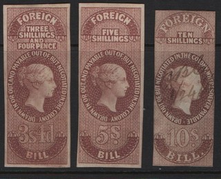 Ceylon 1800s QV Classic HV Revenue Stamps 3s4d 5s & 10s "FOREIGN BILL" Used