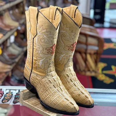 Genuine Leather Exotic Alligator Crocodile Caiman Print J-Toe Cowboy Boots -Oryx