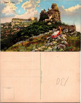 Capri Il Faro Italy Vintage Handcolored Postcard Scenic Lighthouse Woman Unpostd