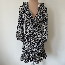 Rixo London Abigail Black Daisy Floral Silk Black White Mini Wrap Dress EUC Sz S