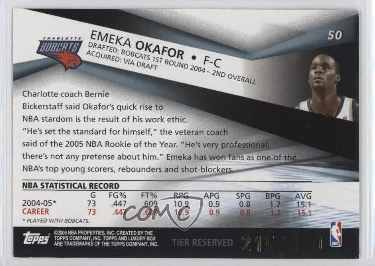 2005-06 Topps Luxury Box Tier Reserved /430 Emeka Okafor #50 - Image 2 of 2