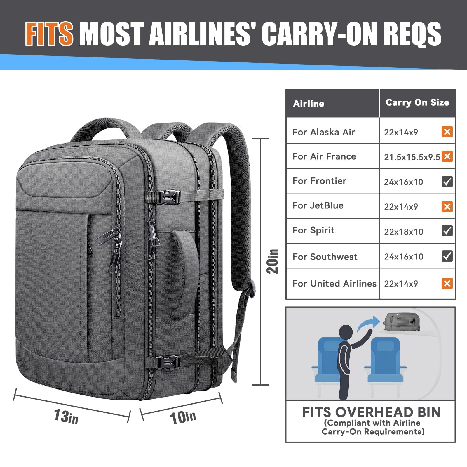 Extra Large Travel Backpack 40L-50L Expandable, Waterproof Wet Pocket Carry O... image 6