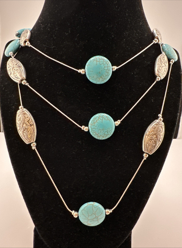 Vintage Faux Turquoise Etched Silver Tone Beaded Station Necklace 29"