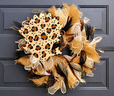 Neutral Leopard Accent Fall Wreath Burlap  Mesh Decorative Door Wreath 20x20in
