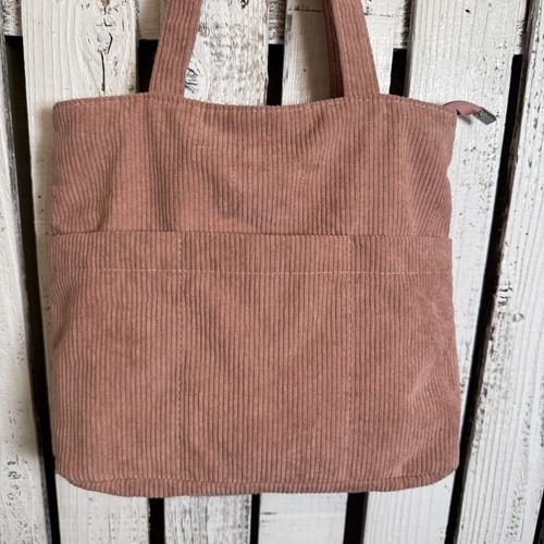 Corduroy Tote Bag Mauve Pink Shoulder Casual Purse 3 Front Pocket Zip Close Fall - Picture 2 of 12