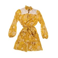 Tahari ASL Women's Dress Chiffon Lace Shoulder Long Sleeve Yellow Floral 2 New