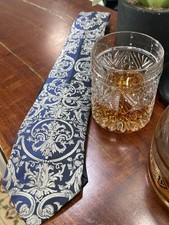 Vtg VERSACE silk Tie Signature Baroque Blue Silver Designer Tie Made in Italy