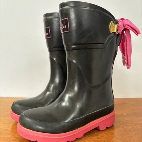 Joules Wellies Boots With Pink Bow & Sole Black Child’s Small Size UK 8 - Picture 1 of 10
