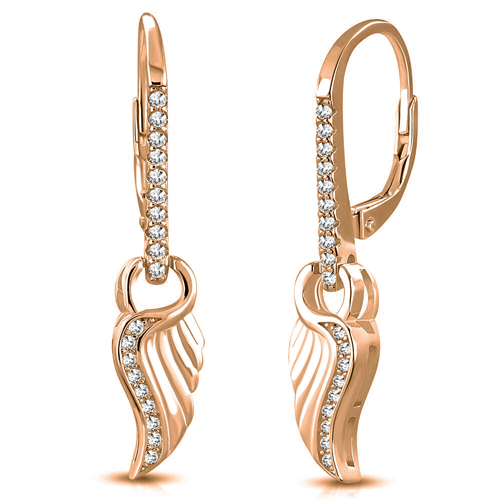 925 Sterling Silver Rose Gold-Tone CZ Angel Wings Drop Dangle Earrings, 
