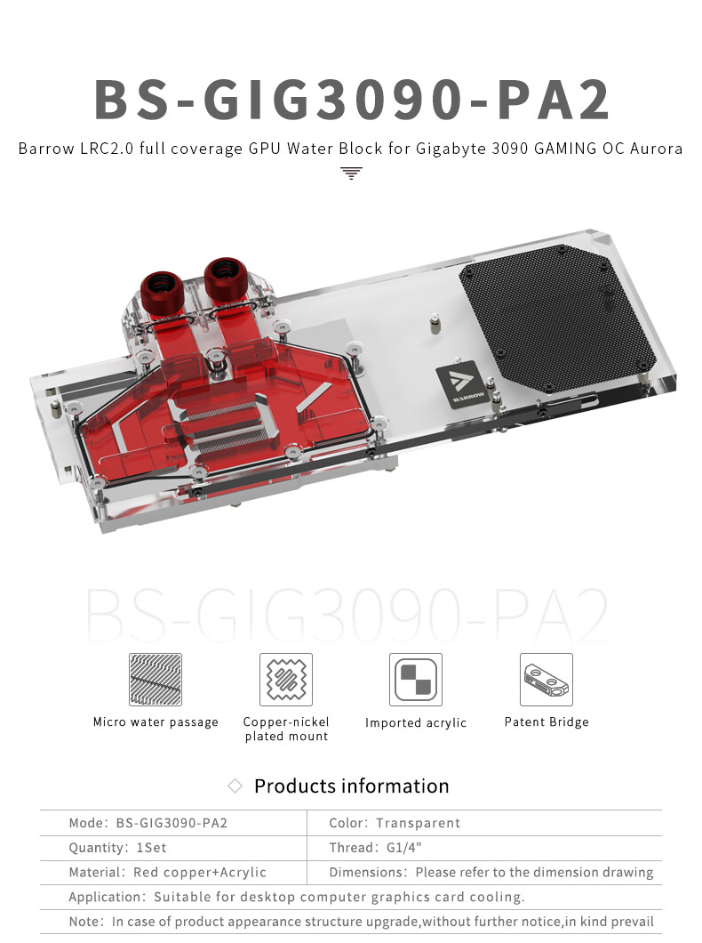 Barrow GPU Water Block for Gigabyte RTX 3080 3080Ti 3090 Gaming