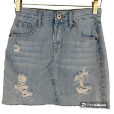 Vanilla Star Junior's Distressed Stretch Mini Skirt Light Blue Size 1