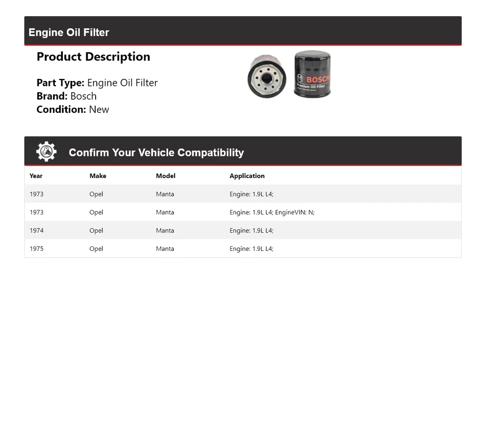 Filtro de aceite premium Bosch 1974 para Opel Manta 1973-1975 1,9 L L4 Foto 2 de 3