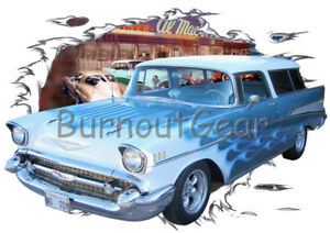 1957 Blue Chevy Bel Air b Custom Hot Rod Diner T-Shirt 57 Muscle Car Tee/'s