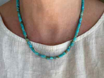 4.5mm Natural Greenish Blue Kingman Turquoise Beaded Heishi Necklace Boho Choker