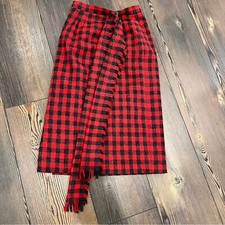 Vintage lined buffalo plaid red black wool belt pleat front skirt size XS