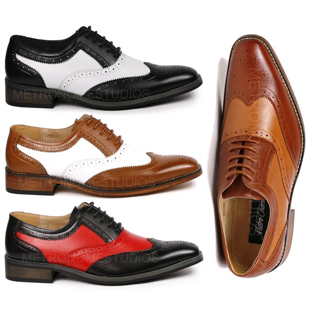 Wood8 Mens Two Tone Wingtips Oxfords Perforated Lace Up Dress Shoes