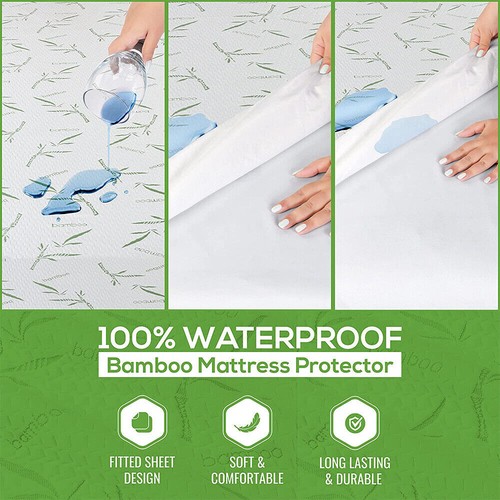 Bamboo Mattress Protector Waterproof Topper King Single D Queen Super King Cover - Picture 2 of 20