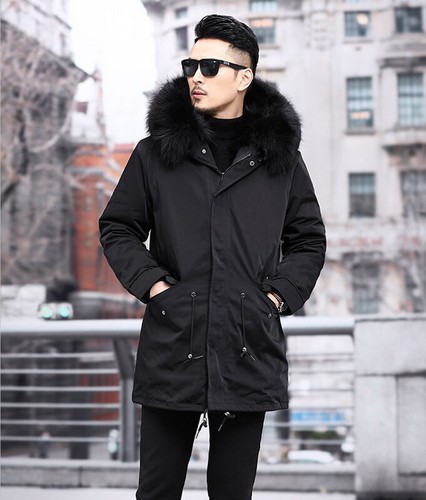 mens Faux mink fur lined long coat fur collar hooded Warm Winter parkas overcoat - Picture 17 of 40